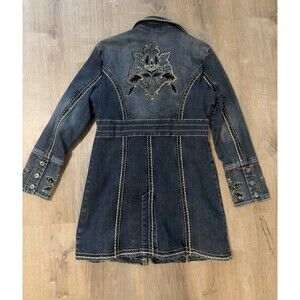 Zenim Denim Duster‎ / Coat Women's MEDIUM Embroidered Embellished Y2k